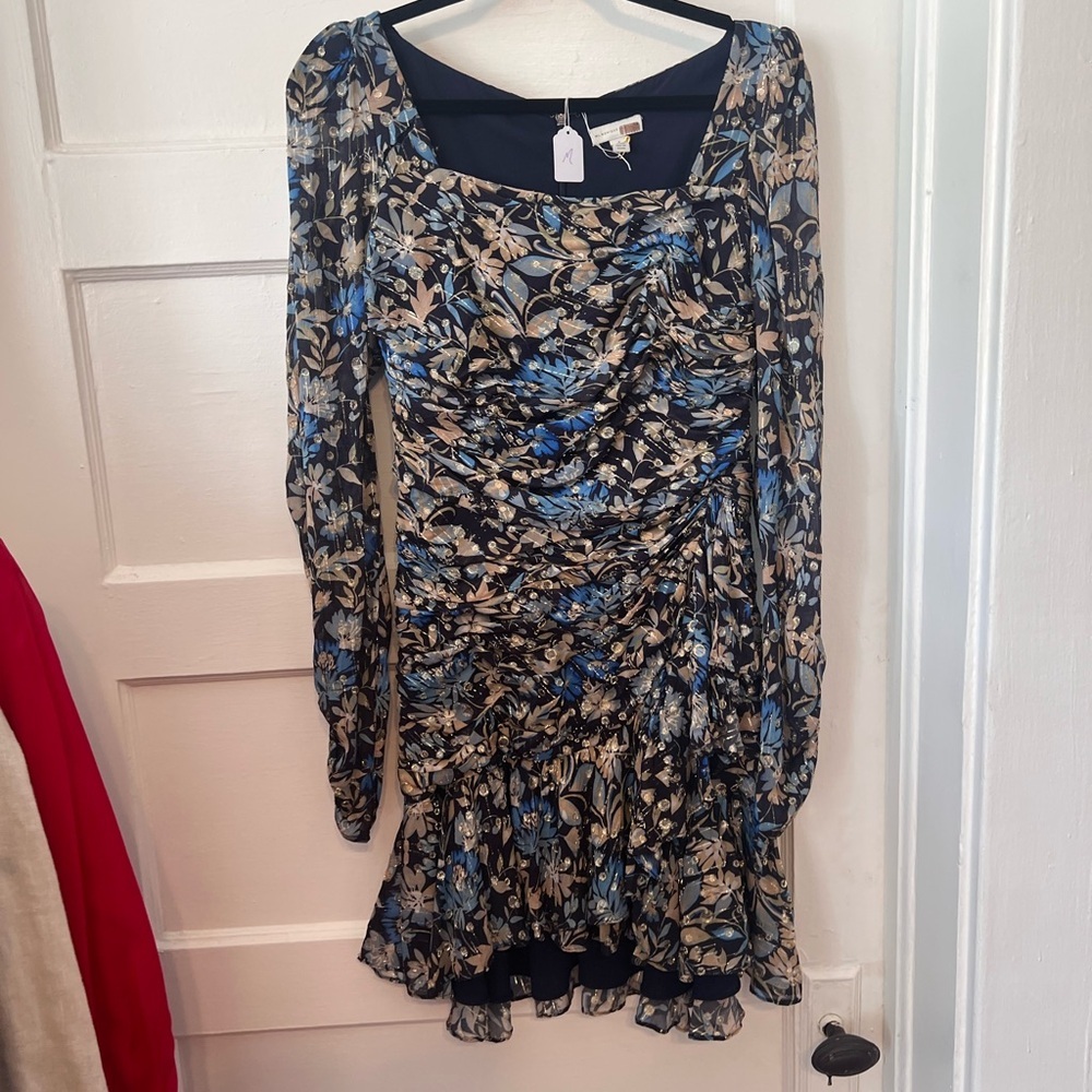 Monique Lhuillier Blue and Cream Floral Long Sleeve Dress - Picture 3 of 6